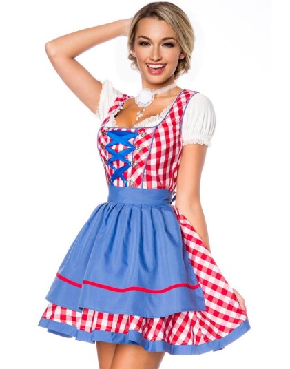 Tradisjonelt Rødt og Hvitt Rutete Dirndl Oktoberfestkostyme med Blå Partier Tradisjonelt Rødt og Hvitt Rutete Dirndl Oktoberfestkostyme med Blå Partier
