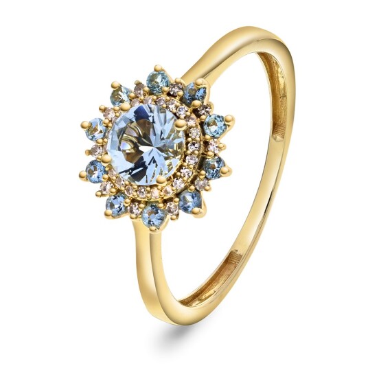 Pan Jewelry, Ring i 585 gult gull med diamanter 0,07 ct og aquamarin stener, størrelse 54
