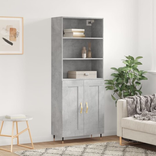 Highboard betonggrå 69,5x34x180 cm konstruert tre