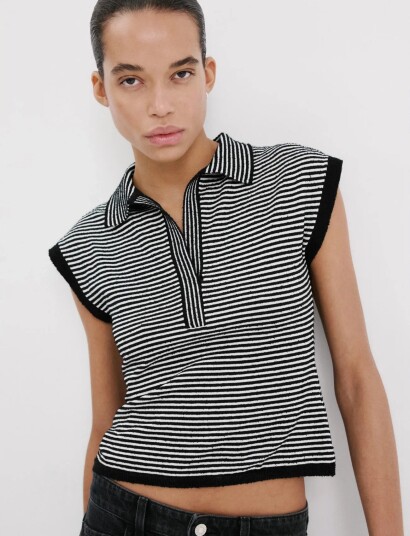 Mango Striped Polo Neck Sweater Black L