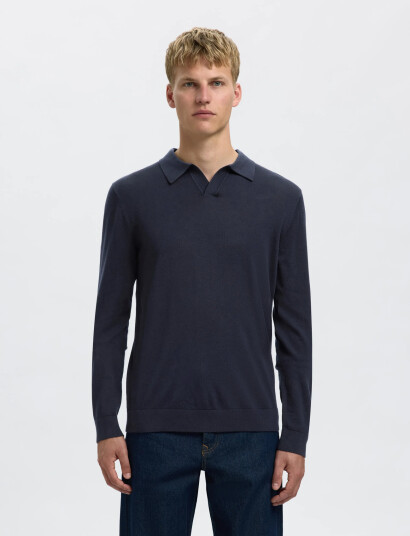Selected Slhtray Ls Knit Merino Open Polo - Navy - M