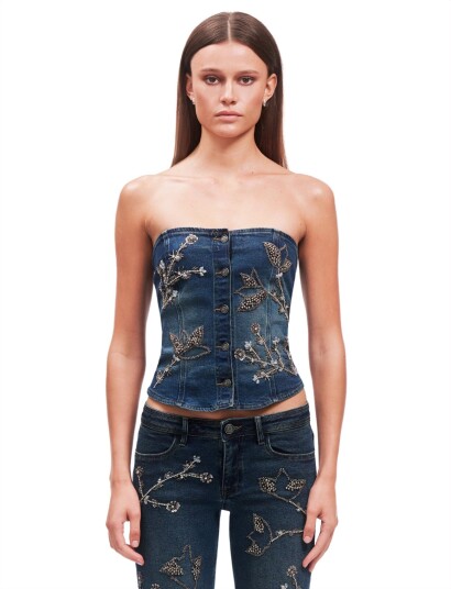 OW Collection Nova Embellished Denim Top Blue S OW Collection Nova Embellished Denim Top Blue S