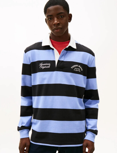 Tommy Jeans Tjm Rlx Stripe Graphic Rugby Ext   Blue   L