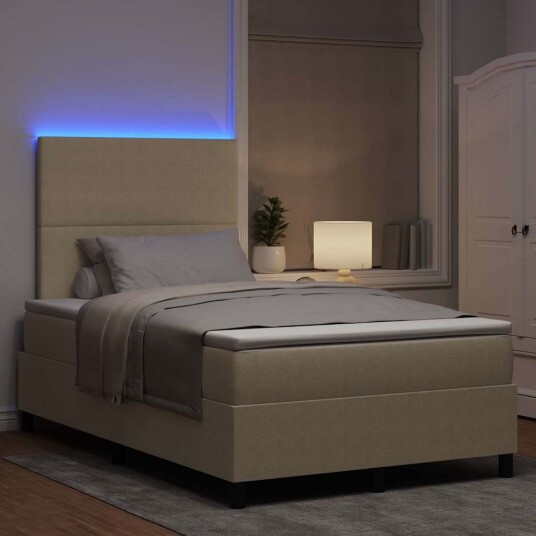 Box Spring Seng med Madrass & LED Lys Grønn Grå Liten Dobbel Kordfløyel