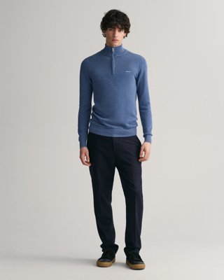 Piquestrikket bomullsgenser med half-zip i halsen DENIM BLUE MELANGE XXL