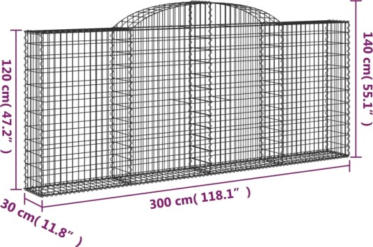 vidaXL Gabionkurv buet 300x30x120/140 cm galvanisert jern