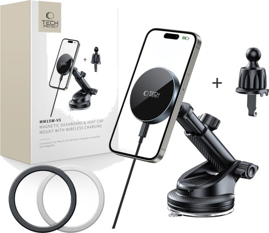 Tech Protect Bilholder Til Dashbord/Vindusfelt/Ventilrist Med 15W Lader + 2 Magnetplater Tech Protect Mm15w V5 Magnetic Magsafe Dashboard & Vent Car Mount Wireless Charger 15W Black Tech Protect Bilholder Til Dashbord/Vindusfelt/Ventilrist Med 15W Lader + 2 Magnetplater Tech Protect Mm15w V5 Magnetic Magsafe Dashboard & Vent Car Mount Wireless Charger 15W Black