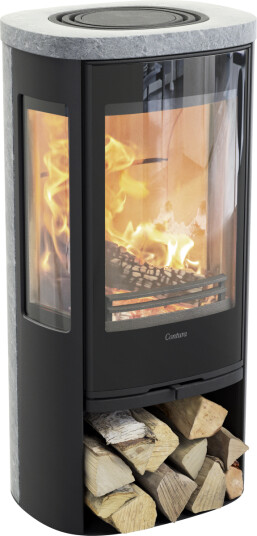 Contura 856TG Style svart vedovn med sideglass, glassdør og klebersteinsomramming Contura 856TG Style svart vedovn med sideglass, glassdør og klebersteinsomramming