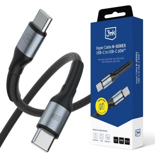 3mk Hyper Cable N-SERIES USB-C Til USB-C Kabel 60w 2 m Svart 3mk Hyper Cable N-SERIES USB-C Til USB-C Kabel 60w 2 m Svart