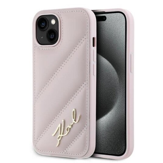Karl Lagerfeld iPhone 15 Plus / 14 Plus Hardcase Rosa Diagonal Quiltet Script