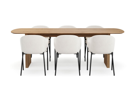 Bark Richeto Spisebord 240 cm med 6 Filip Spisestoler Naturlig finish / Hvit Bouclé