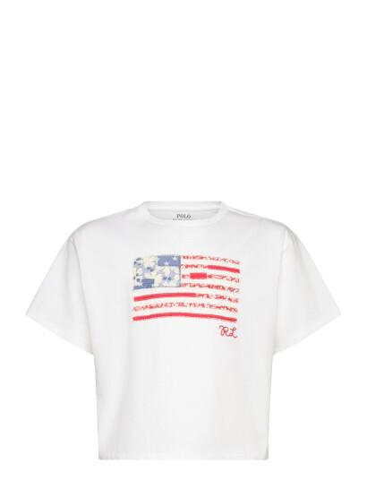 Ralph Lauren Kids Floral Flag Cotton Jersey Boxy Tee White 129 130 Ralph Lauren Kids Floral Flag Cotton Jersey Boxy Tee White 129 130