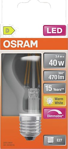 Osram led lyspære e27 classic a40 470lm klar dimbar varmhvit
