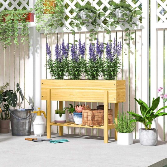 Høybed med hylle, hevet urtebed med dreneringshull, plantekasse i tre, værbestandig grønnsaksbed, hagebed, plantebed for hage, b Høybed med hylle, hevet urtebed med dreneringshull, plantekasse i tre, værbestandig grønnsaksbed, hagebed, plantebed for hage, b