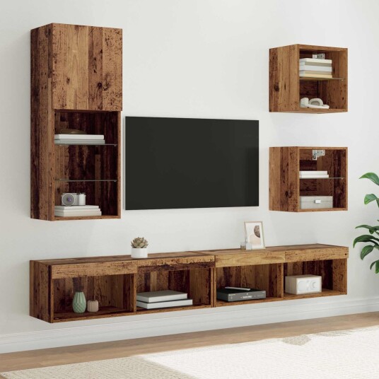TV veggenheter med LED 5 pcs Gamle tre Konstruert tre
