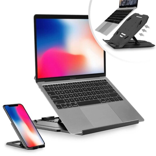 Desire2 2-i-1 Portabelt Laptopstativ med 360° Rotasjon og Mobilholder - Svart Desire2 2-i-1 Portabelt Laptopstativ med 360° Rotasjon og Mobilholder - Svart