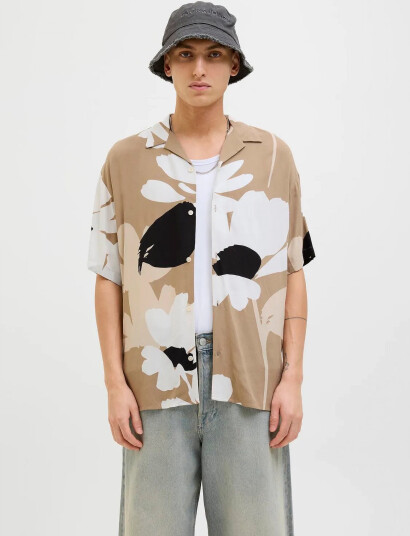 Jack & Jones Jjjeff Monochrome Resort Shirt Ss - Beige - M