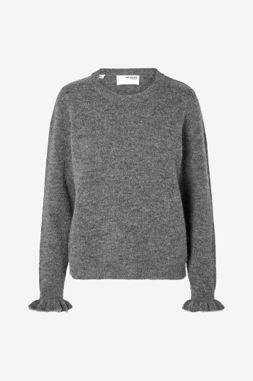 Selected FEMME - Genser slfLulu LS Knit Frill Cuff O-neck N - Grå