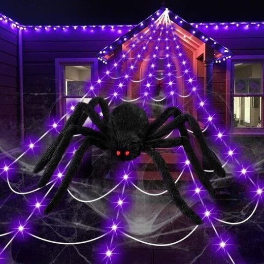 Halloween LED-Spindelvevlysslynge 5 m 250 LED med Svart Edderkopp 150 cm