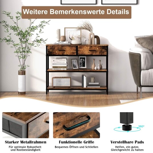 100 cm konsollbord med 2 stoffskuffer 3 lags sidebord Rustikkbrun