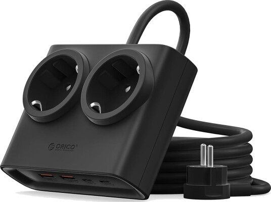 Orico PDC25 25 W 6-i-1 stikkontaktliste 2x vekselstrøm + 2x USB-A + 2x USB-C – svart