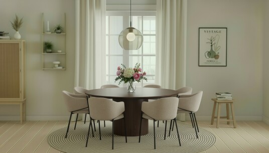 Bark Kopparbo Rundt Spisebord 180 cm med 8 Filip Spisestoler Valnøtt / Taupe Bouclé