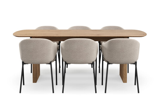Bark Richeto Spisebord 210 cm med 6 Filip Spisestoler Naturlig finish / Taupe Bouclé