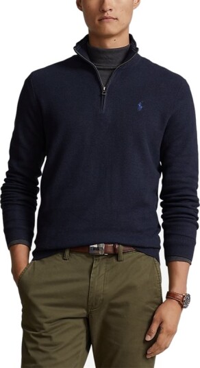 Ralph Lauren Mesh-Knit Cotton Quarter-Zip Sweater - Navy Heather Blå L