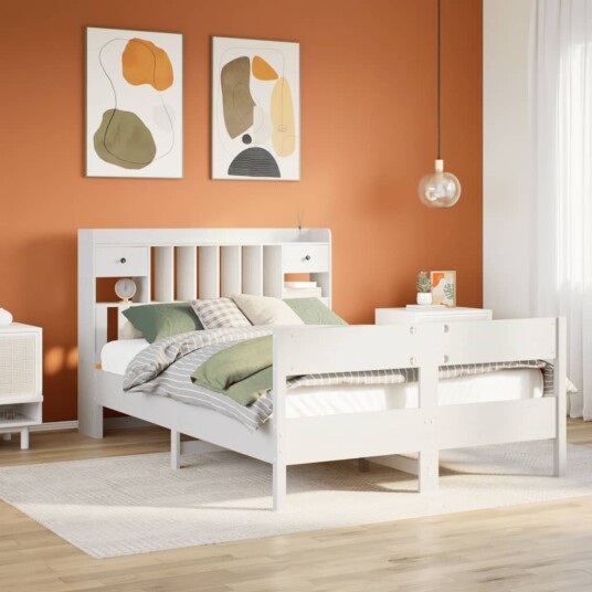 Seng med bokhylle uten madrass hvit 120x200 cm heltre furu 8721158618177