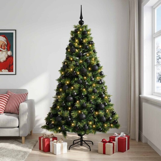 vidaXL Kunstig juletre med julekuler 240 cm 300 LED-lys Varmhvit