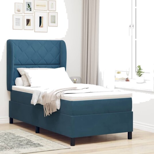 Box Spring Senge med Madrass Mørk Blå 90x200 cm Fløyel