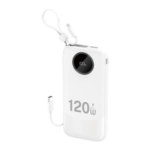 Dudao K13 10000mAh Powerbank med innebygd USB-C og Lightning, Hvit