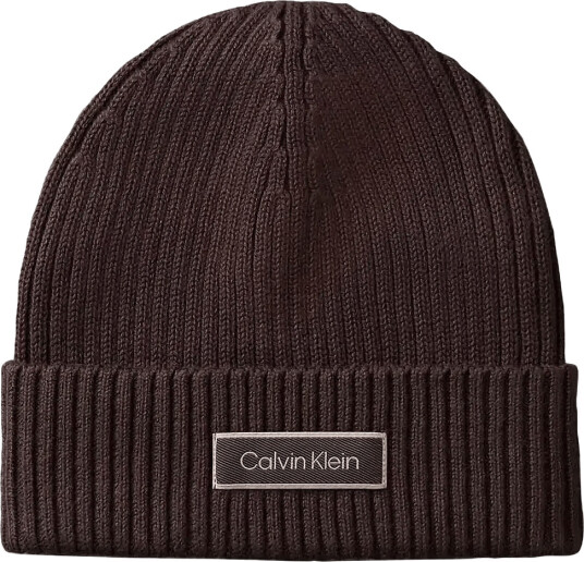 Calvin Klein Patch Chunky Rib Cotton Beanie - Brown - ONE SIZE