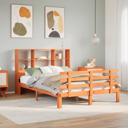 Seng med bokhylle uten madrass voksbrun 150x200 cm heltre furu 8721158615633