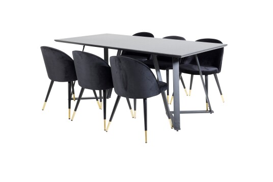 Venture Home Marina Spisegruppe 180 cm Rektangulær med 6 Velvet Stoler Sort/Guld