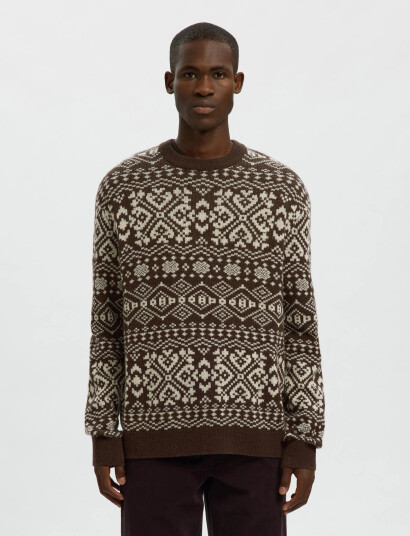 Selected Slhholger Ls Knit Jaquard Crew Neck - Brown - M