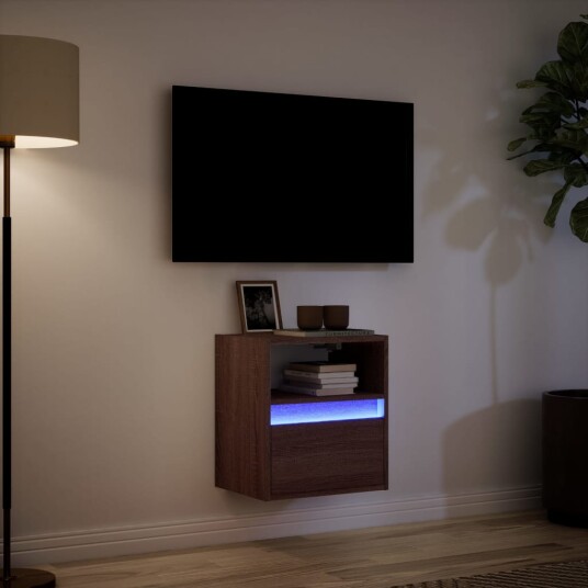 Vegghengt TV-benk med LED brun eik 41x31x45 cm 852325