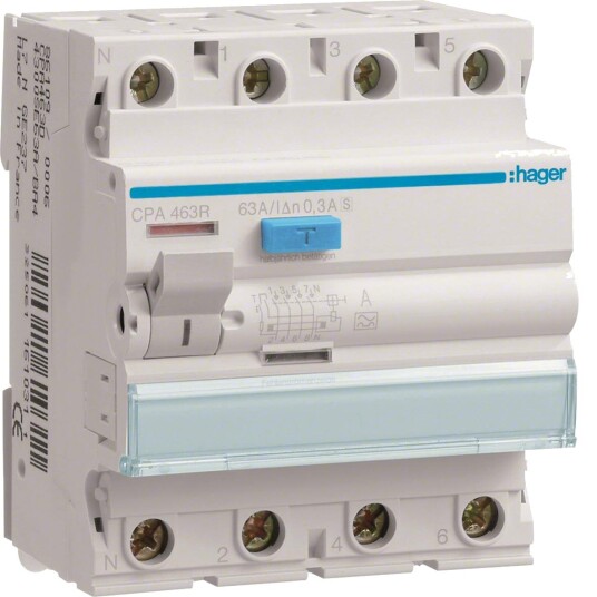 Hager CPA463R Jordfeilbryter 4-polet, 300 mA 63A, Stikkontakter & kabler