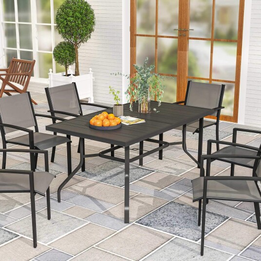 Hagebord 152x90 cm værbestandig balkongbord av stål sidebord med paraplyhull spaltedesign utendørs spisebord campingbord re Hagebord 152x90 cm værbestandig balkongbord av stål sidebord med paraplyhull spaltedesign utendørs spisebord campingbord re