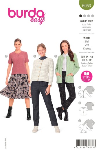 Burda 6053 - Jakke/cardigan EUR: 34-48, US: 8-22