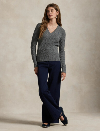 Polo Ralph Lauren Cable-Knit Wool-Cashmere V-Neck Sweater - Grey - XS