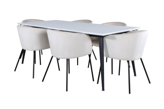 Jimmy195 spisegruppe spisebord uttrekksbord lengde cm 195 / 285 hvit og 6 Berit spisestuestoler velour beige.