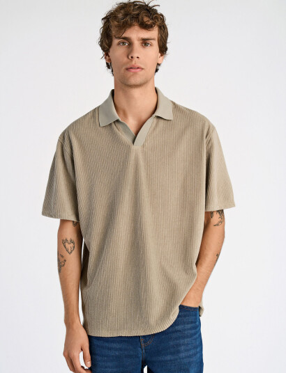 Lindbergh V-Neck Jacquard Polo S/S - Beige - M