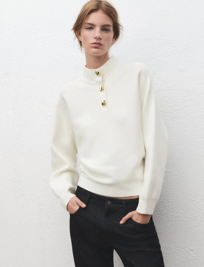 Mango Turtleneck Sweater With Jewel Buttons White XS