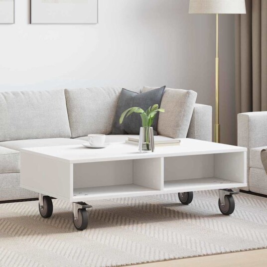 vidaXL Sidebord med hjul Hvit 90 x 50 x 30 cm Konstruert tre