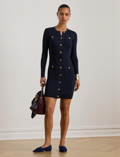 Lauren Ralph Lauren Button Trim Rib Knit Sweater Dress   Navy   XL