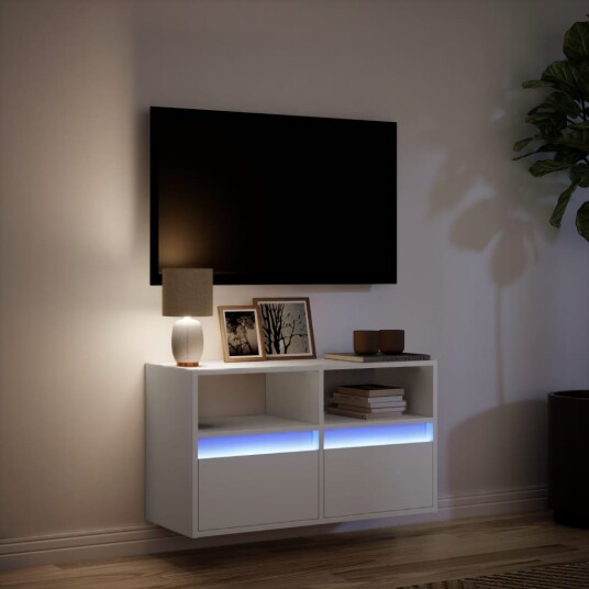  Vegghengt TV-benk med LED hvit 80x31x45 cm 8721102968921