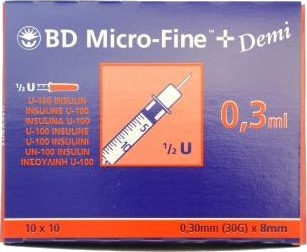 BD Micro-Fine+ U-100 insulinsprøyte 0,3 ml 0,30 x 8 mm 100 stk BD Micro-Fine+ U-100 insulinsprøyte 0,3 ml 0,30 x 8 mm 100 stk