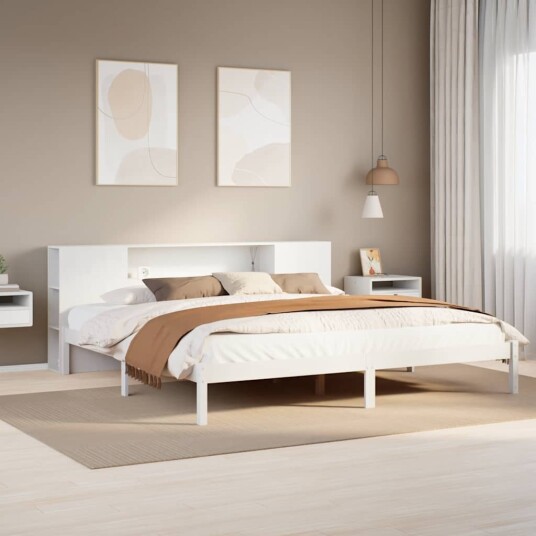 Seng med bokhylle uten madrass hvit 200x200 cm heltre furu 8721158603364