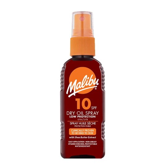 Malibu Dry Oil Spray SPF10 Solkrem 100ml med UVA og UVB-beskyttelse Malibu Dry Oil Spray SPF10 Solkrem 100ml med UVA og UVB-beskyttelse